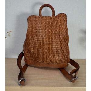 Vilenca Distressed Holland Emilia Woven Leather Backpack Purse Cognac Brown Boho